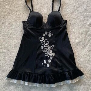 La Senza Black & White Silky Floral Embroidery Bustier Lingerie Slip Dress Sz 12